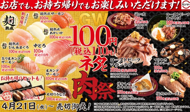 スシローのゴールデンウィーク2021GW100円(税込110円)ネタと肉祭